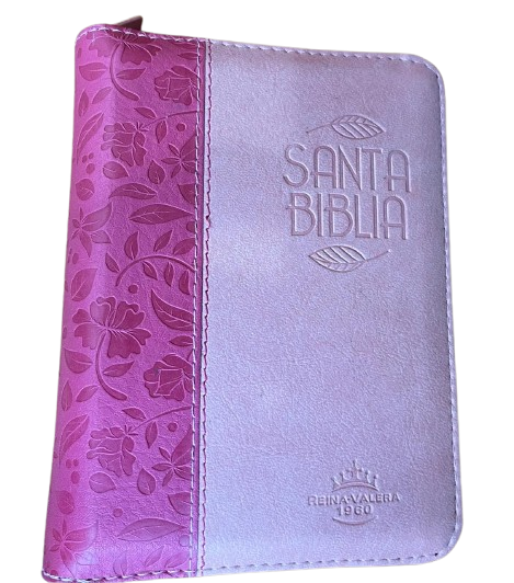 SANTA BIBLIA COLOR ROSADO Y FUCSIA DE FLORES Y HOJAS / TAMAÑO BOLSILLO / FILO PLATEADO CON INDICE