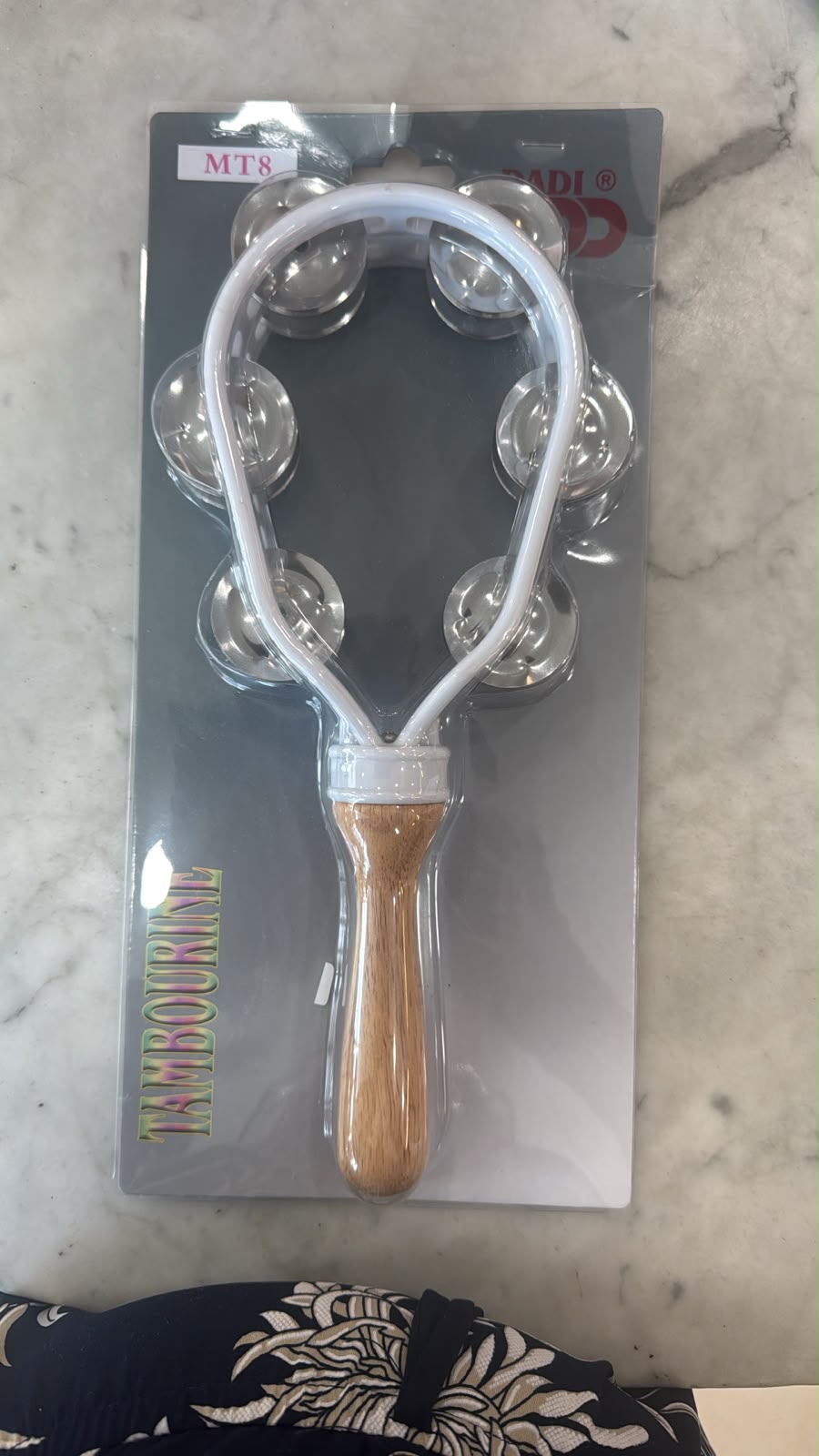 Pandereta de mano con mango de madera (Blanca)