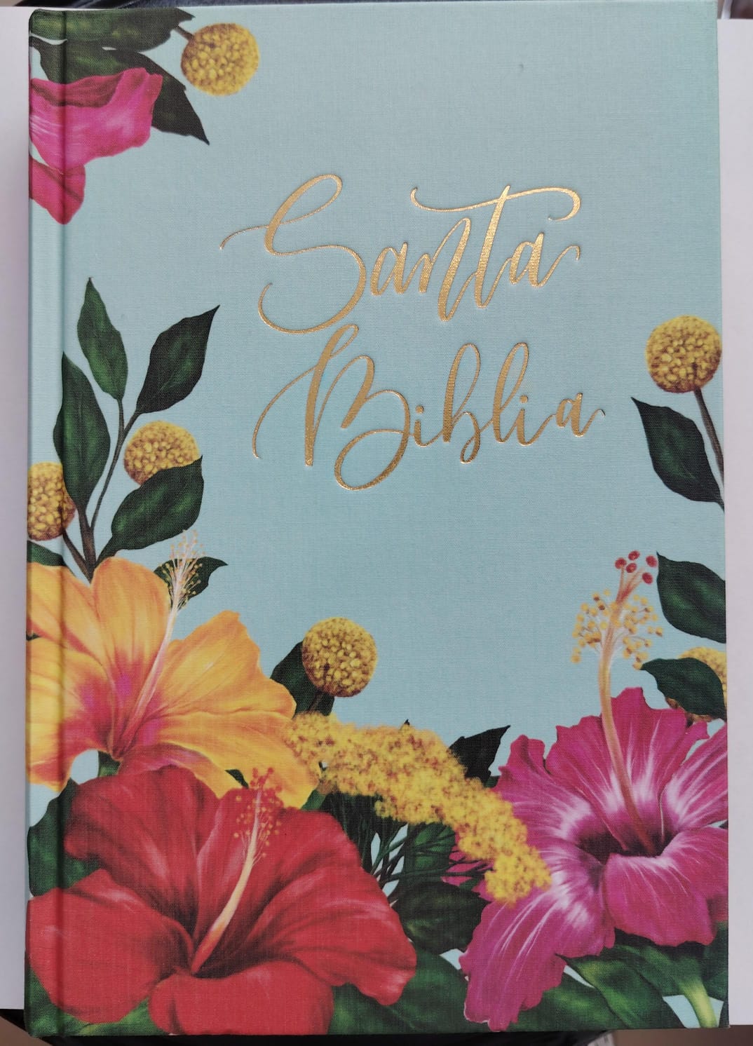 SANTA BIBLIA LETRA GRANDE TAMAÑO MANUAL CONFORT PRINT TAPA DURA/TELA FONDO CELESTE CON FLORES