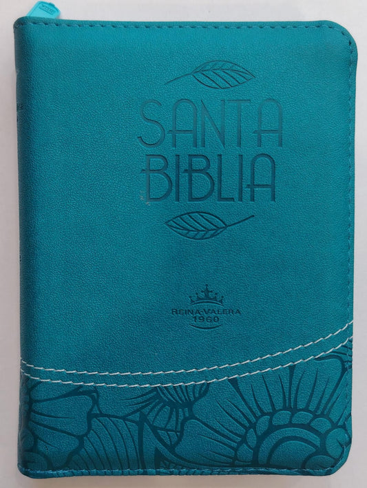 Santa Biblia Reina-Valera 1960 / Tapa Flexible Turquesa con Cierre, Costuras Blancas y Grabado Floral Inferio