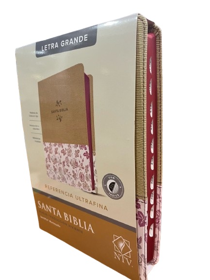 SANTA BIBLIA CON INDICE COLOR BEIGE Y FLORES LETRA GRANDE NTV