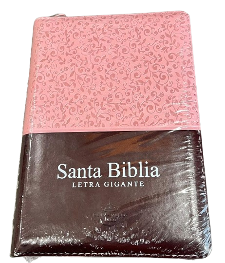 SANTA BIBLIA TAMAÑO BOLSILLO LETRA GRANDE FILO DE FLORES CON INDICE / COLOR ROSA DE FLORES CON CAFE Y CIERRE