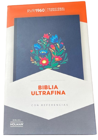 BIBLIA ULTRAFINA CON REFERENCIA / DISEÑO DE FLORES BORDADAS / COLOR AZUL MARINO