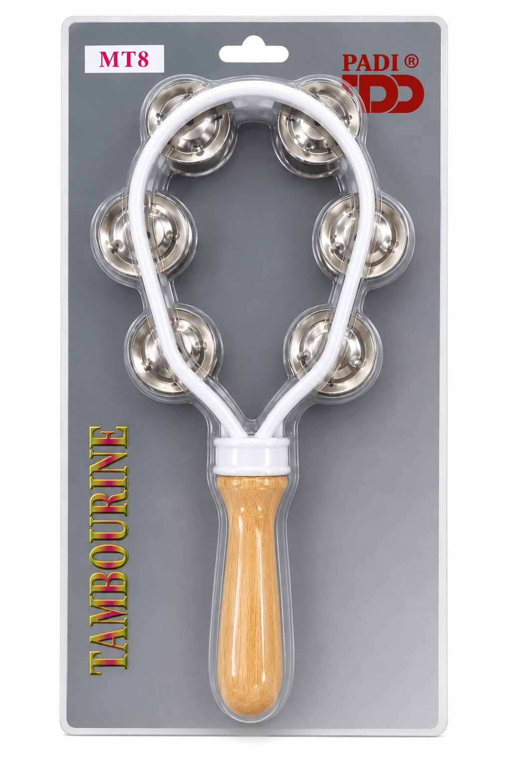 Pandereta de mano con mango de madera (Blanca)- NUEVO MODELO